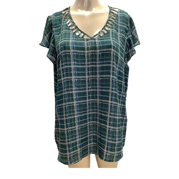 Cure Size 2XL Green Plaid Shirt With Neck Design & Flutter Sleeves.New With Tags - Picture 1 of 7